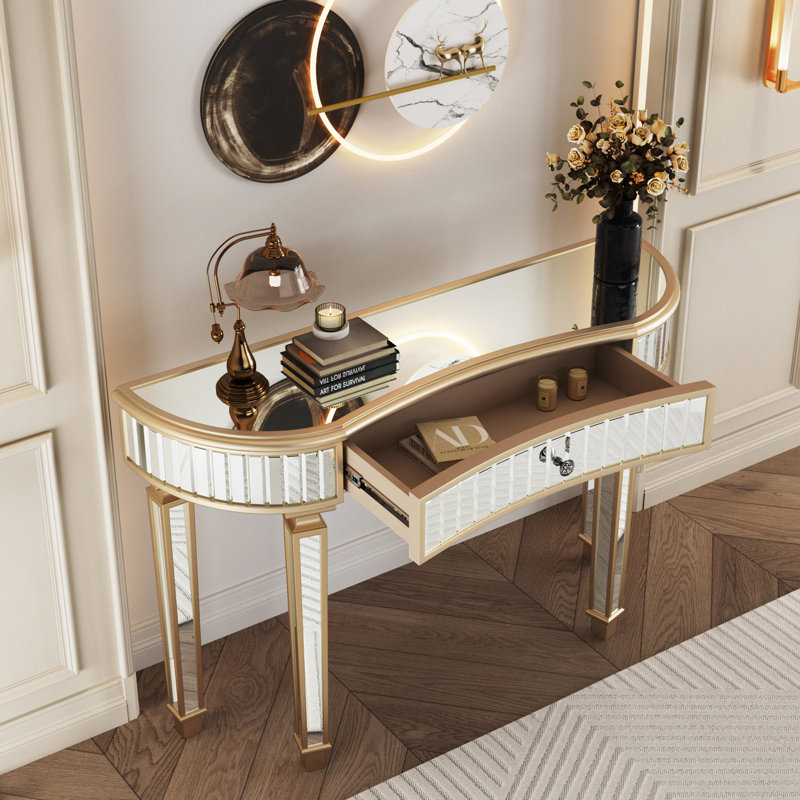 47" Half-Moon Mirrored Console Table with Fluted Glass & Crystal Knob Drawer - Silver Entryway Vanity Desk for Bedroom/Dressing Room(Gold+Sliver)