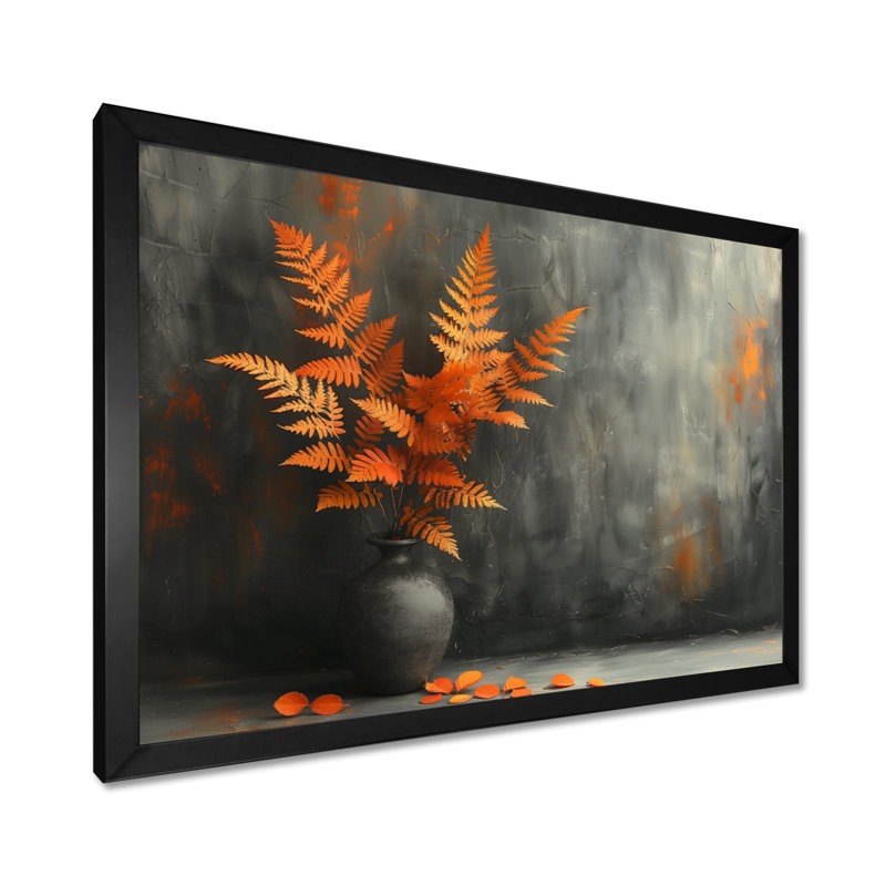 Fougère orange, gris, charme rustique - fougères, art mural, Toile encadrée noire simple, H 12 po x l 20 po x P 1 po