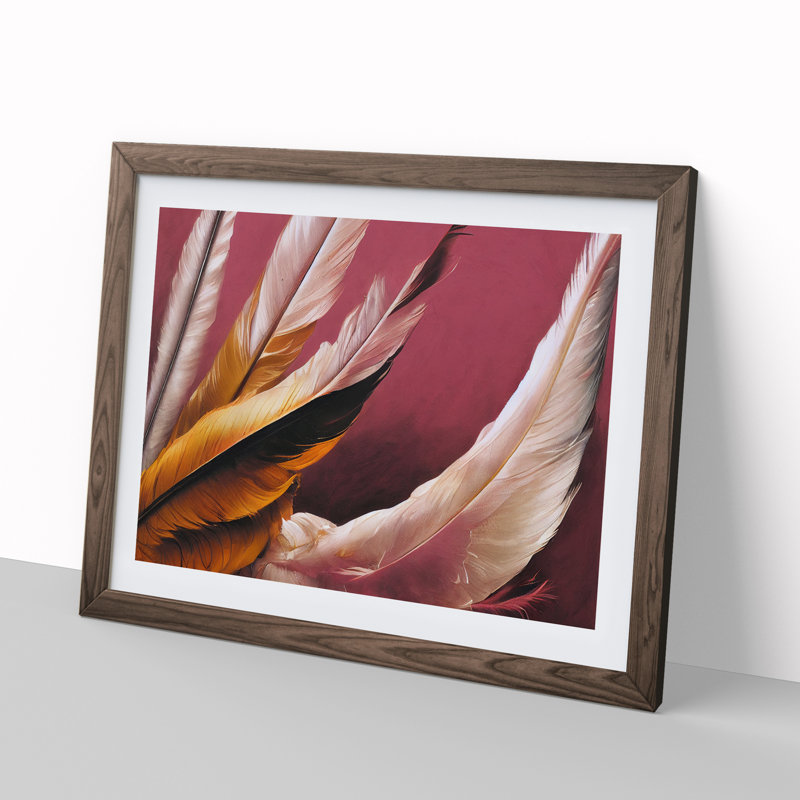 Bright Bird Feathers - Single Picture Frame Painting, 25cm H x 34cm W x 2cm D, Walnut Framed