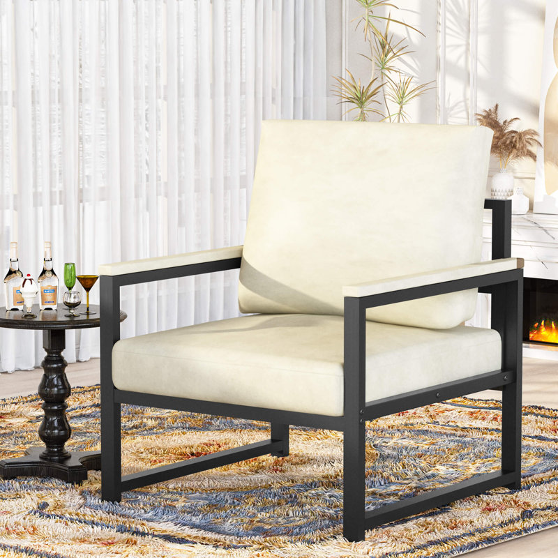 25" Wide Mid Century Faux Leather Tufted Back Accent Chair with Metal Farme, White