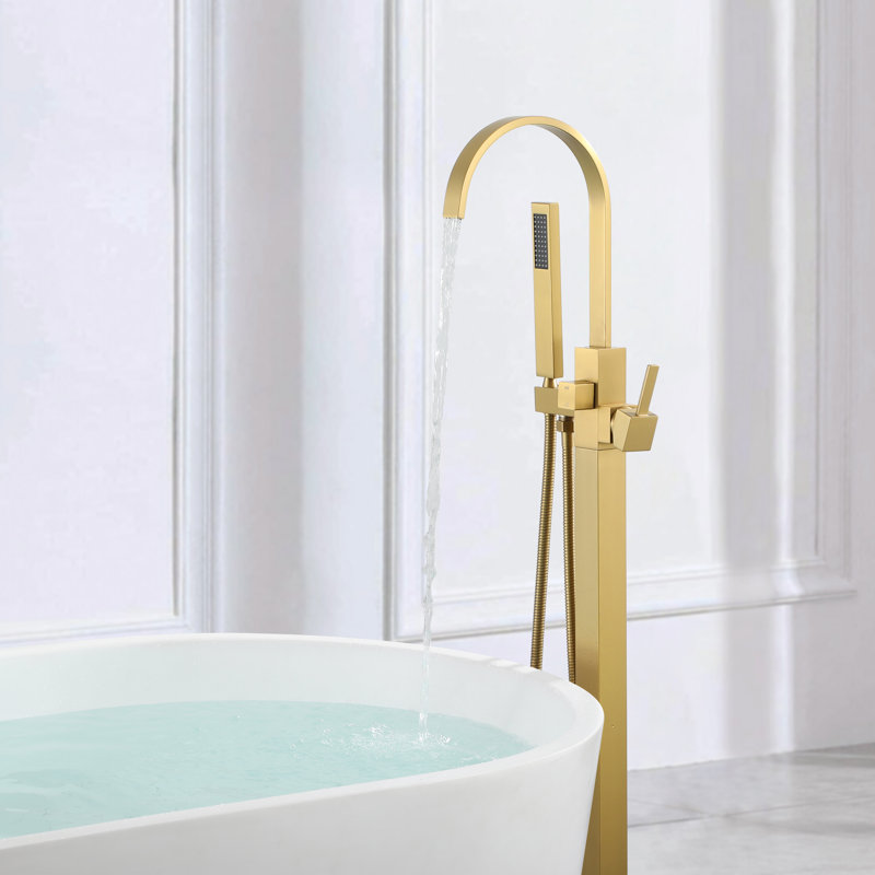 Robinet de baignoire autoportant à poignée simple avec inverseur et douche à main, Laiton brossé