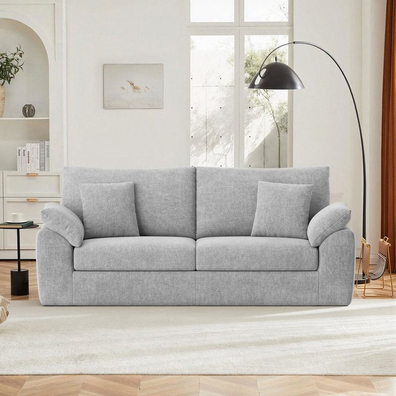 89.8" Modern Upholstered Boneless Tufted Arm Loveseat Sofa with Pillows and Memory Foam Cushions, Light Gray