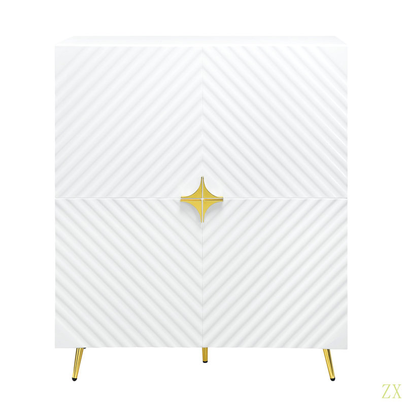 Armoire d'appoint à finition ultrabrillante avec motif à vagues, quatre portes et tablettes réglables, Blanc / Blanc