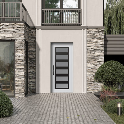 C9 Right-Hand 36 In. X 80 In. Panel Black Steel White And White Frosted Glass Prehung Front Entry Door