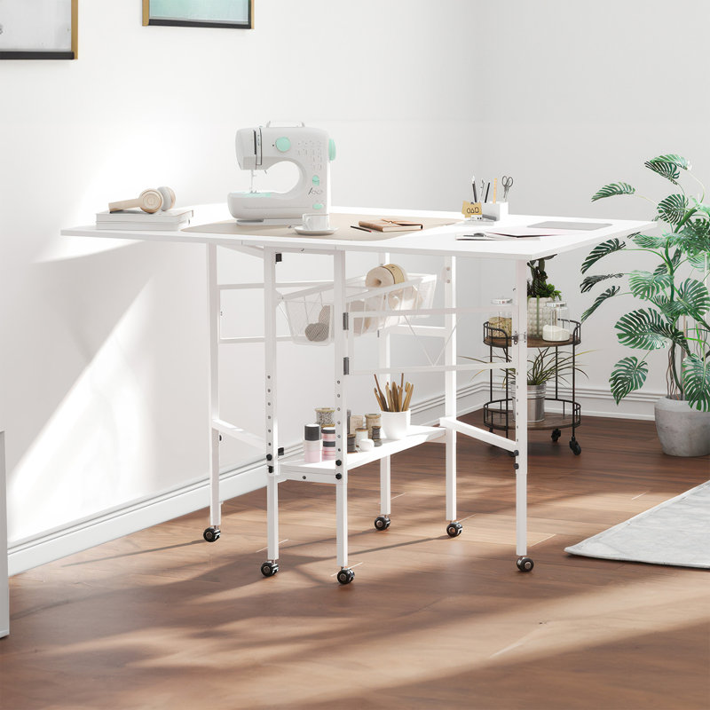 Table de couture pliante avec tiroirs de rangement et roulettes, blanc