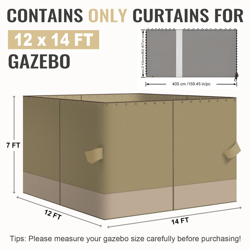 4-Panel Outdoor Gazebo Curtains, Khaki/Sand Yellow, 82.7" H x 144" W168" D