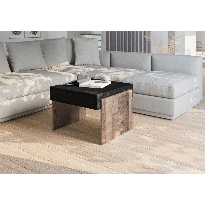 Zahara Solid Coffee Table with Storage, Black Top/Oak Base, 45cm H x 60cm W x 60cm D