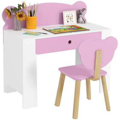 Ensemble de bureau et chaise, table d'étude et chaise avec tiroir de rangement, rose