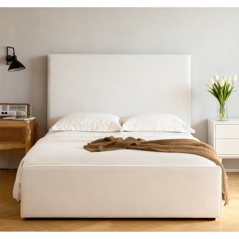 Lucas 52" High Tall Headboard Upholstered Bed, White, Queen