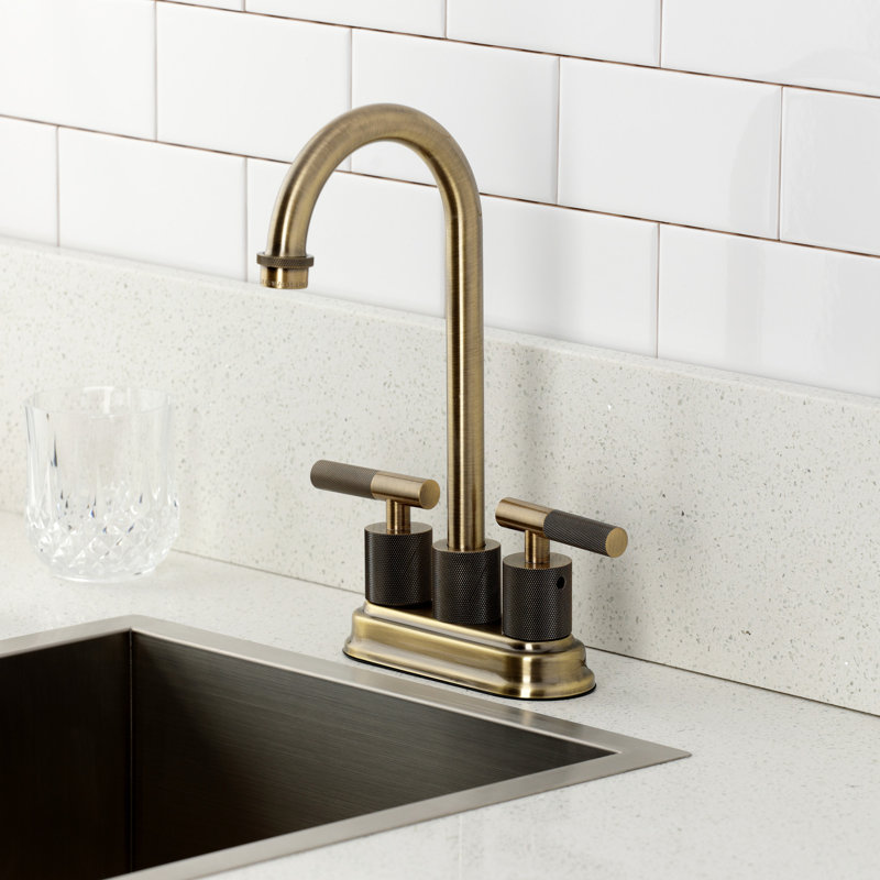Kingston Brass Convergent Two-Handle 2-Hole Deck Mount Bar Faucet With Knurled Handle, Antique Brass