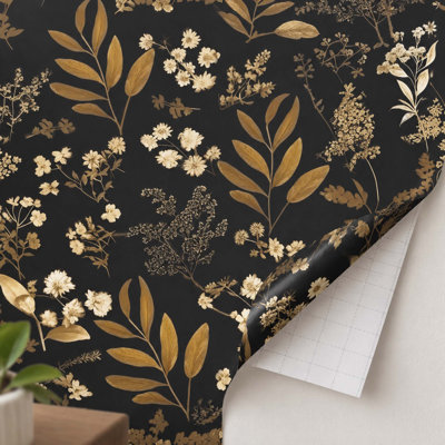 Papier peint adhésif rétro à motif floral, motif botanique noir et doré, vinyle amovible