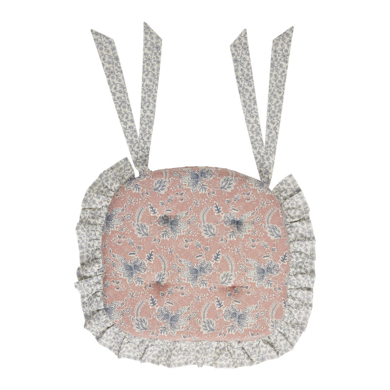 Kaila Blue Natural Pink Floral Cotton Chair Pad - 15.5x17 Cushioned Seat Cushion - 