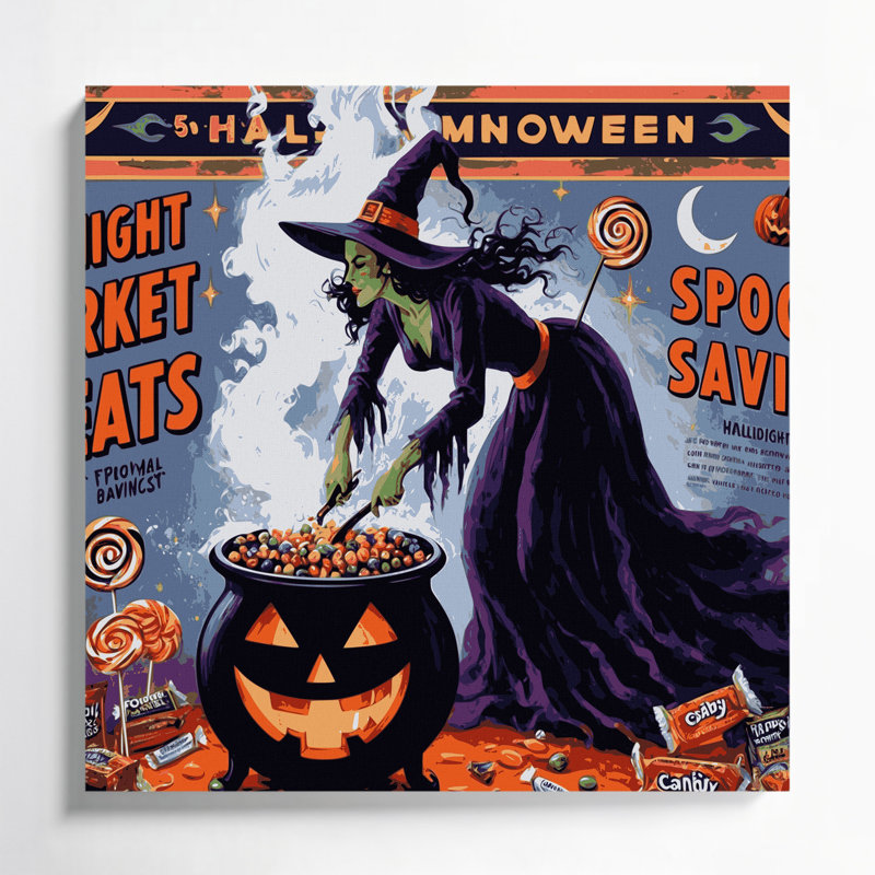 Halloween, Halloween rétro, publicité sur toile mauve, 12" H x 12" W