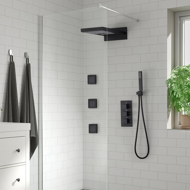 Wall Mounted Complete Shower System With Thermostatic Valve, Matt Black