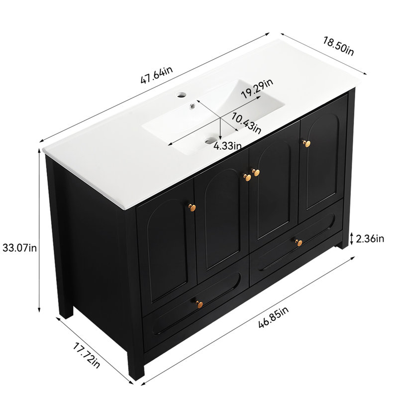 Meuble-lavabo noir de 48 po et lavabo en céramique Blevens, rangement à 4 tiroirs à 2 portes à fermeture douce, bois massif pour une belle conception, expérience silencieuse et silencieuse avec lavabo intégré, tiroirs, structure simple
