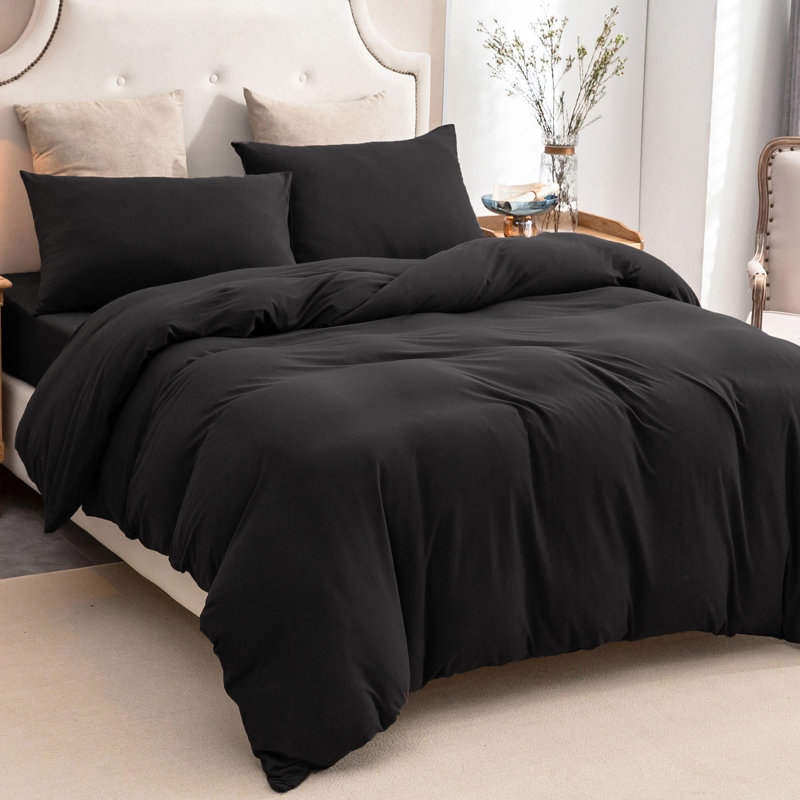 HOME BEDDING Jersey Cotton Duvet Cover Set, Queen Duvet Cover + 2 Standard Shams, Black