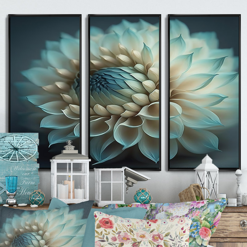 «Blue and White Dahlia Flowers IV», reproduction sur toile 3 pièces, H 28 po x l 36 po x P 1 po, Cadre noir