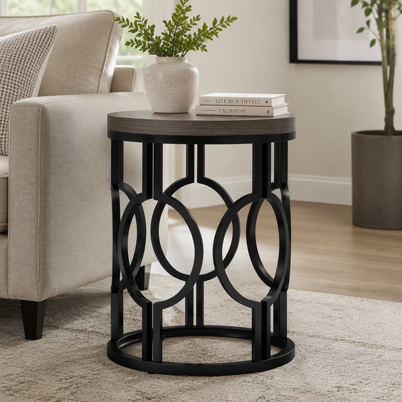 Table de bout ronde, table d'appoint industrielle avec structure creuse en métal
