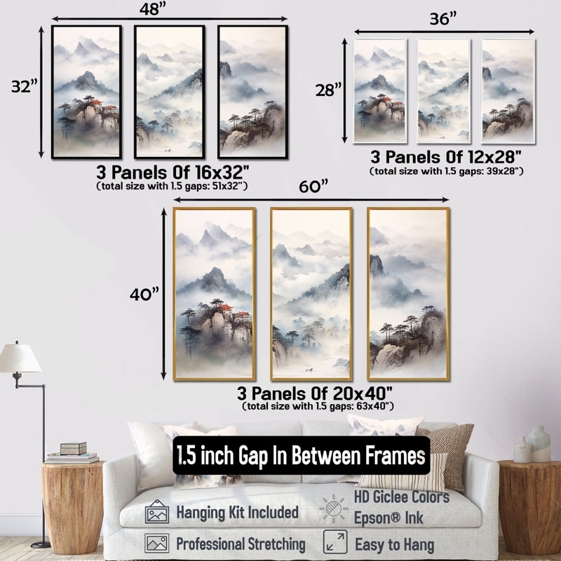 «Gray River China Landscape III», art mural Chine, Cadre flottant blanc, H 28 po x l 36 po