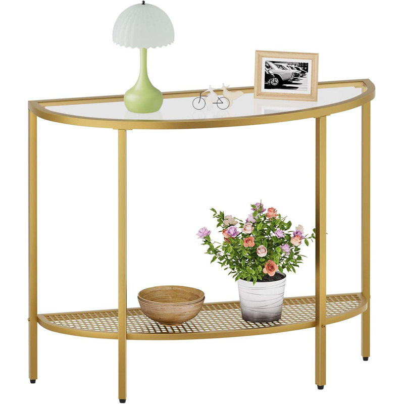 Glass Half Moon Console Table 2 Tier Narrow Entryway Table With Gold Metal Frames, Modern Couch Table Small Entry Way Tables, Easy Assembly, Clear Glass Gold Frames
