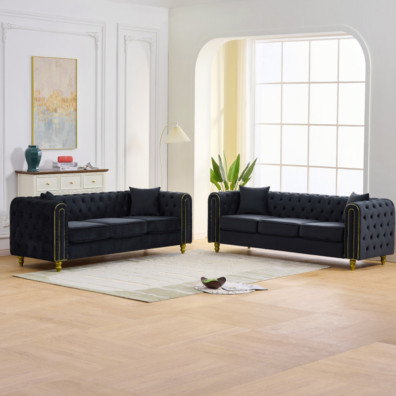 83.75" Rolled Arm Chesterfield Sofa, Black
