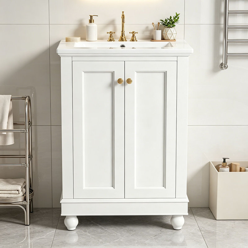 Meuble-lavabo moderne de 24 po de conception simple et élégante avec rangement à fermeture en douceur, tablette réglable, meuble-lavabo avec lavabo en céramique