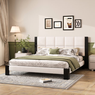 King Boucle Bed Frame, Upholstered With Square - Stitched Headboard, Beige + Black, Wood Legs, Silent Slats, No Box Spring, 8 12 Inch Mattress, Bedroom Retreat Black Bed, Comfortable Sleep In