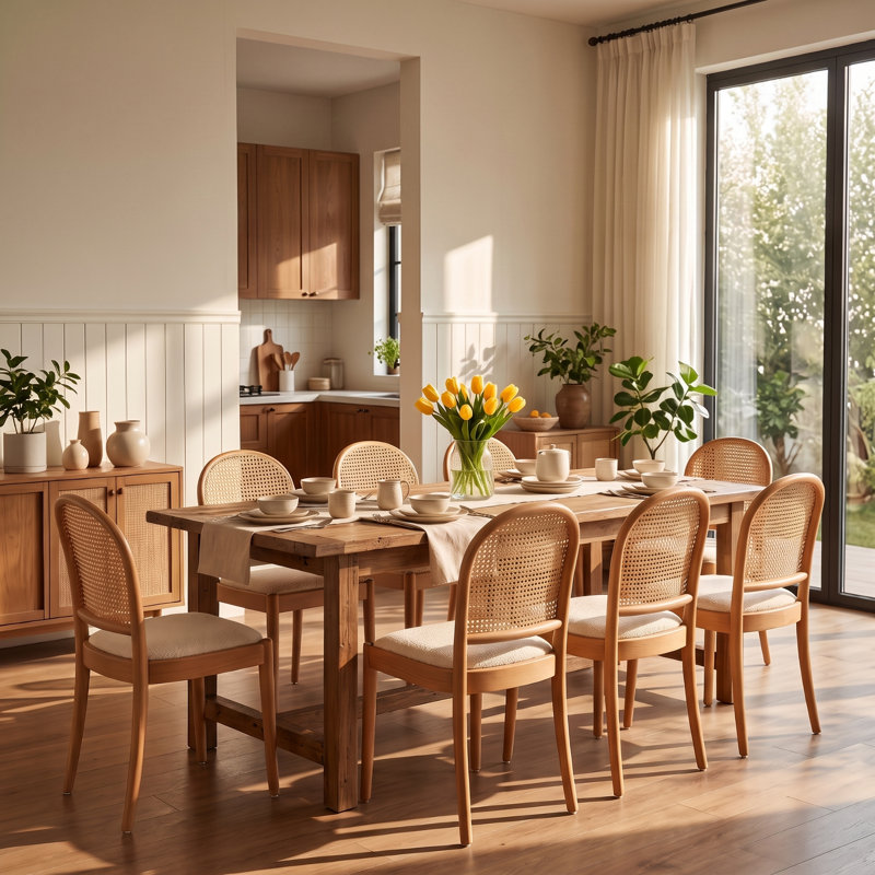 Chaises de salle à manger en rotin, chaises de salle à manger rembourrées en lin avec dossiers, chaises de cuisine modernes avec pieds en bois pour la salle à manger