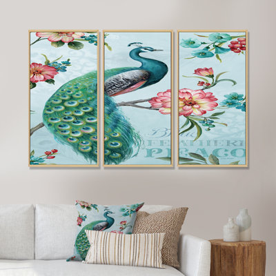 Paon - Ensemble d'art mural sur toile traditionnel encadré de 3