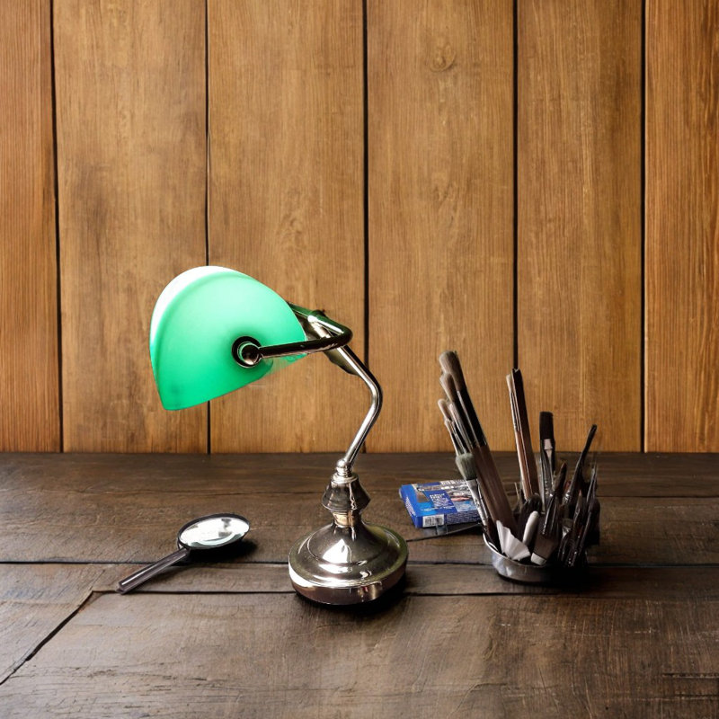 Retro Glass Brass Base Bankers Desk Lamp with Pull Chain Switch, Green