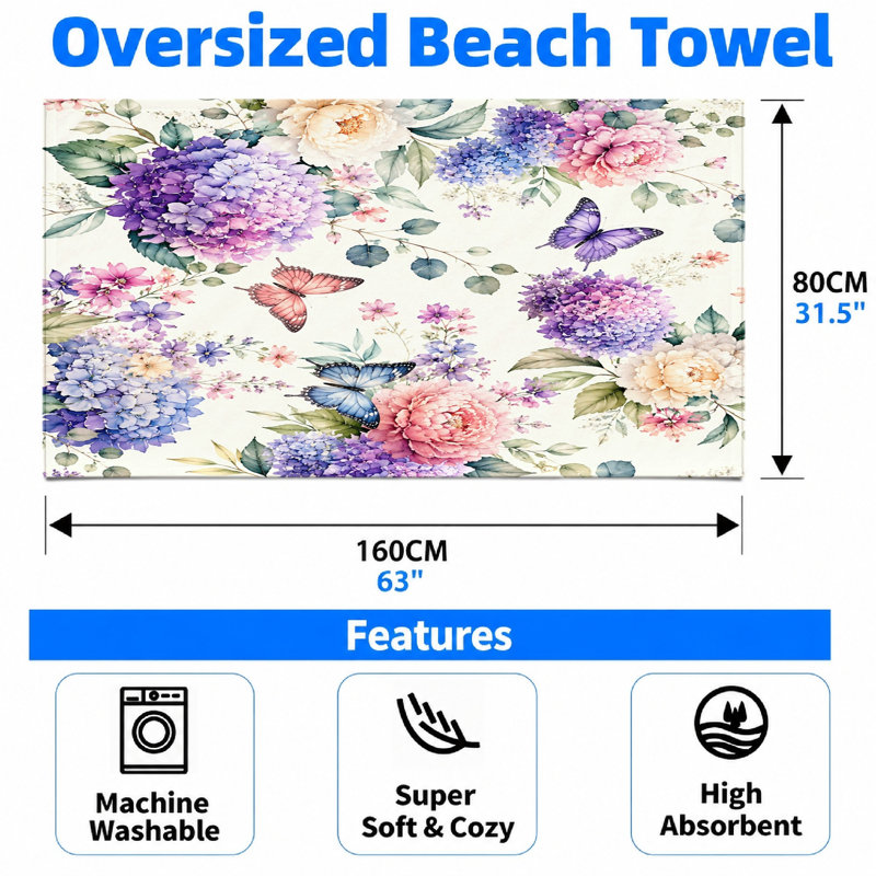 1PCS Watercolor Floral Butterfly Beach Towel, Vibrant Hydrangea and Peony Design, Large Absorbent Microfiber for, Pool, Travel, Yoga, Decorative Garden Scene