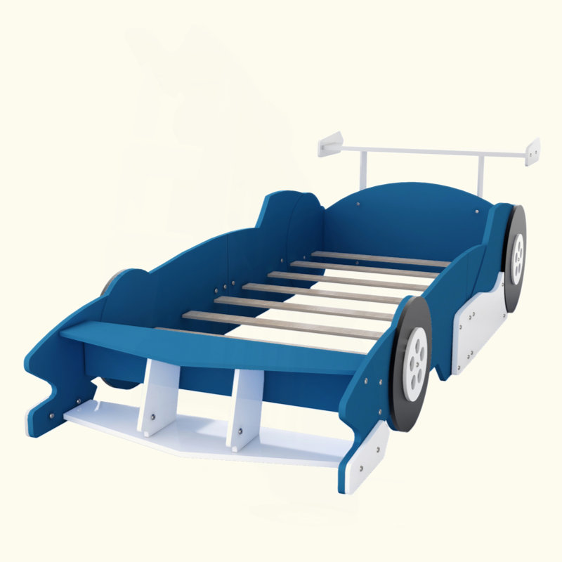 Race Car-Shaped Platform Bed With Wheels, Blue