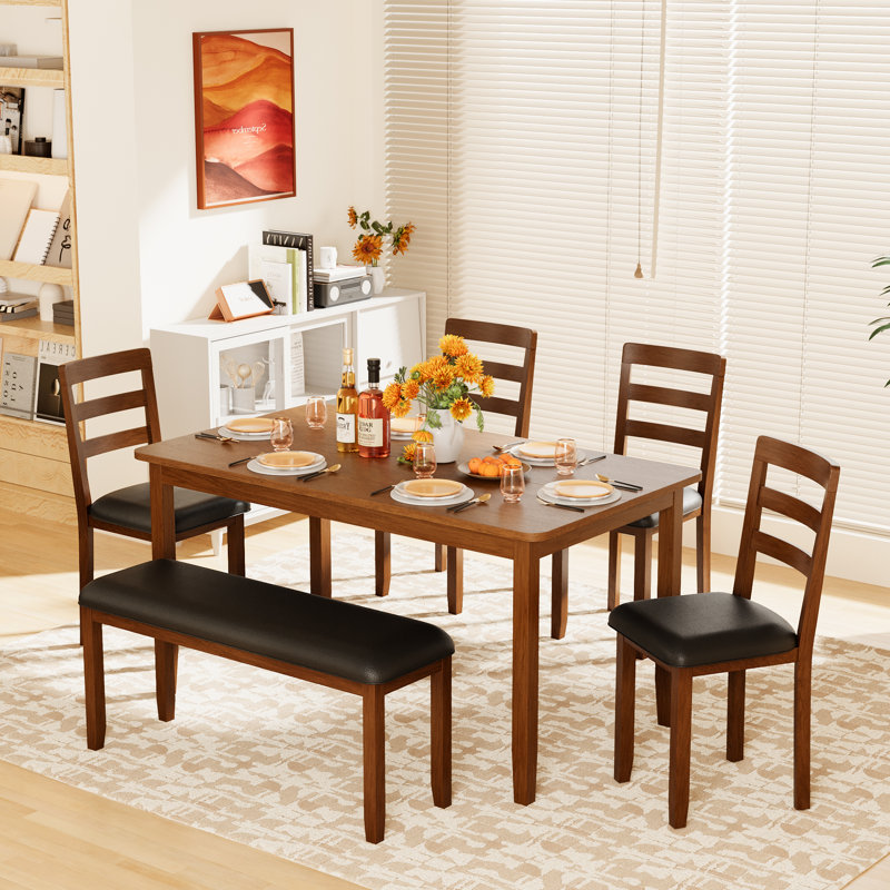 Solid Wood 6-piece Dining Table Set, Modern 58" Wide With 4 Chairs And 1 Bench For Kitchen And Dining Room, Brown