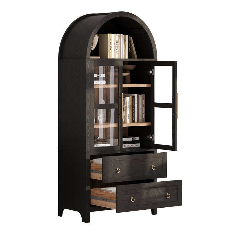 71" Tall Arched Kitchen Pantry Cabinet with 2 Large Drawers, Modern Farmhouse Kitchen Storage Cabinets with Adjustable Shelves, Glass Door, Wood Versatile Cupboard for Kitchens, Dining Room, Black
