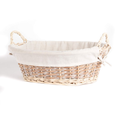 PANIER OVALE WHITEWASH AVEC POIGNÉES D'OREILLE ET DOUBLURE DE TISSU