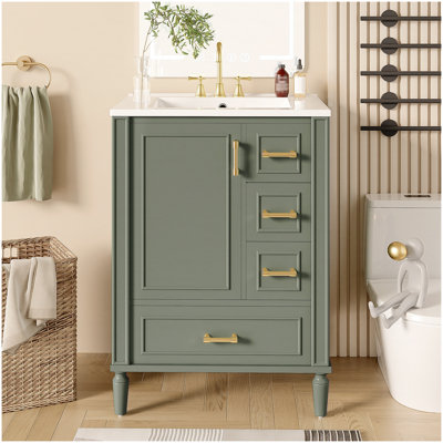 Meuble-lavabo moderne de 24 pouces avec lavabo en céramique, porte à fermeture douce, 3 tiroirs et rangement compact