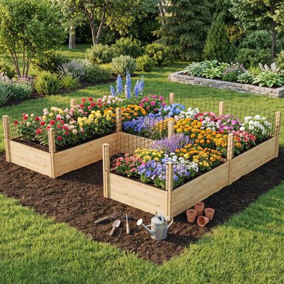 Jardinière surélevée en sapin massif de 2,3 x 2,5 m avec clôture, jardinière extérieure à fond ouvert pour légumes, herbes aromatiques et fleurs