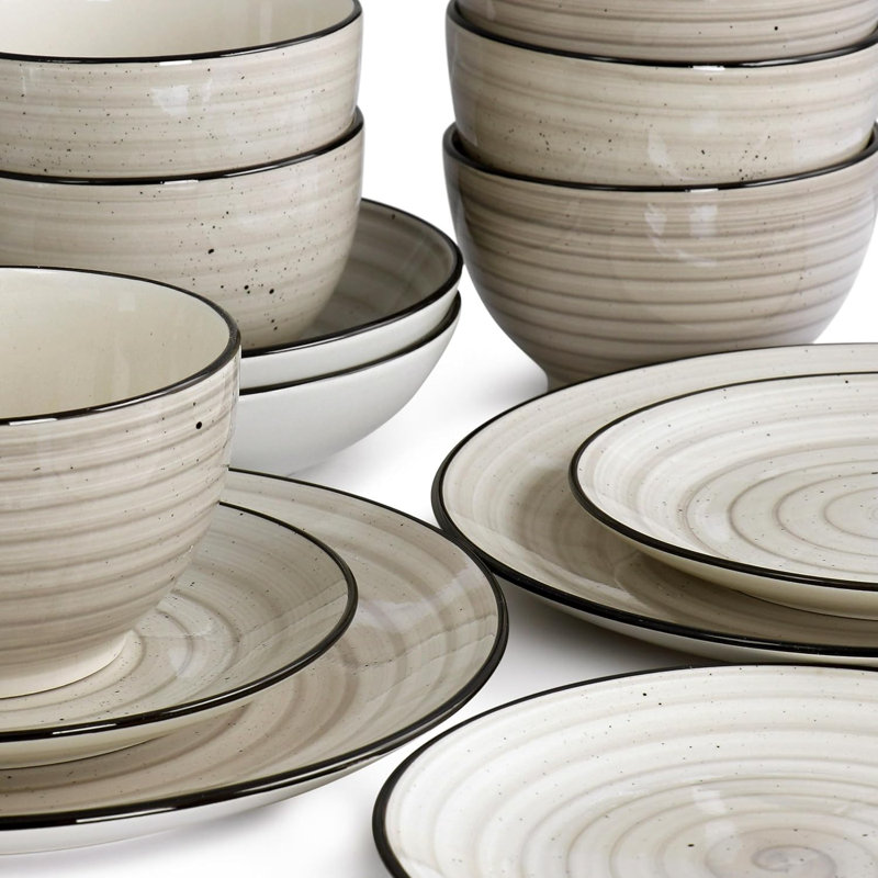 Service de table en grès 24 pièces, assiettes et bols ronds peints à la main, Crème