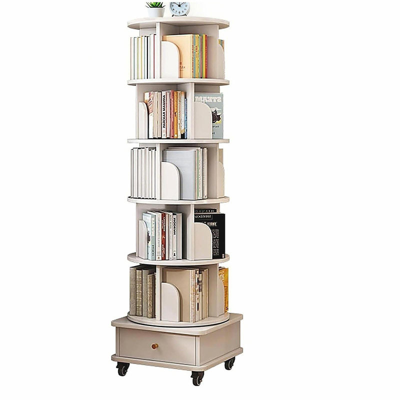 Bibliothèque rotative à 6 niveaux, bibliothèque pivotante à 360 ° avec roulettes, tour de bibliothèque rotative, Blanc