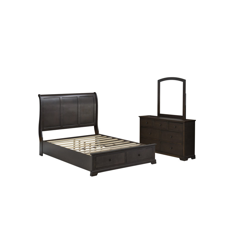 Ensemble de chambre à coucher 4 pièces avec lit de tête de lit de style moderne, commode de style Mid-Century, miroir encadré et commode en bois - Finition noyer brossé