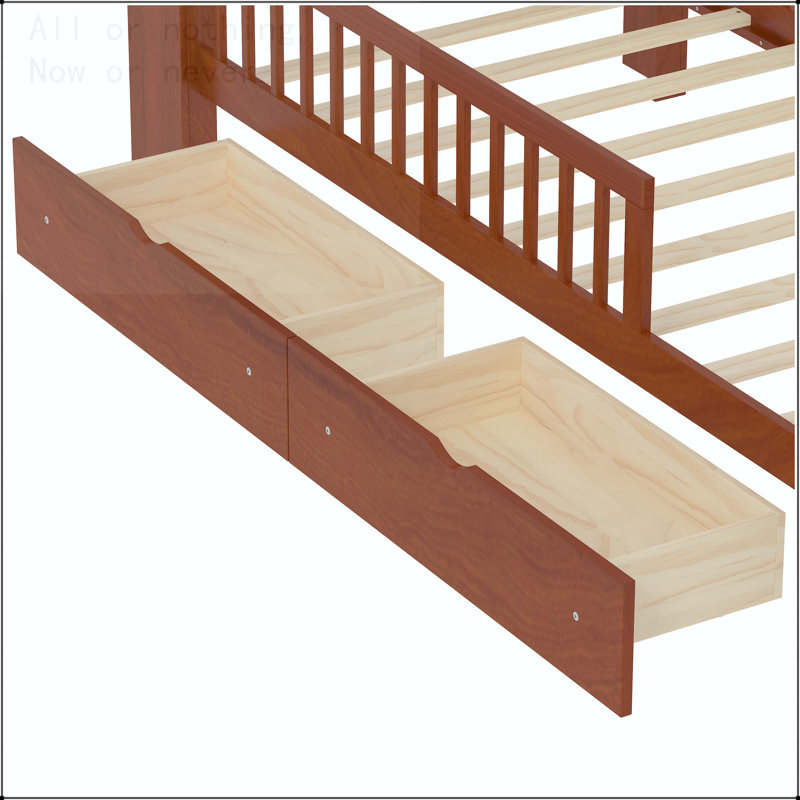 Twin Size Bed with Headboard Storage Rack and Under-Bed Drawers, Walnut