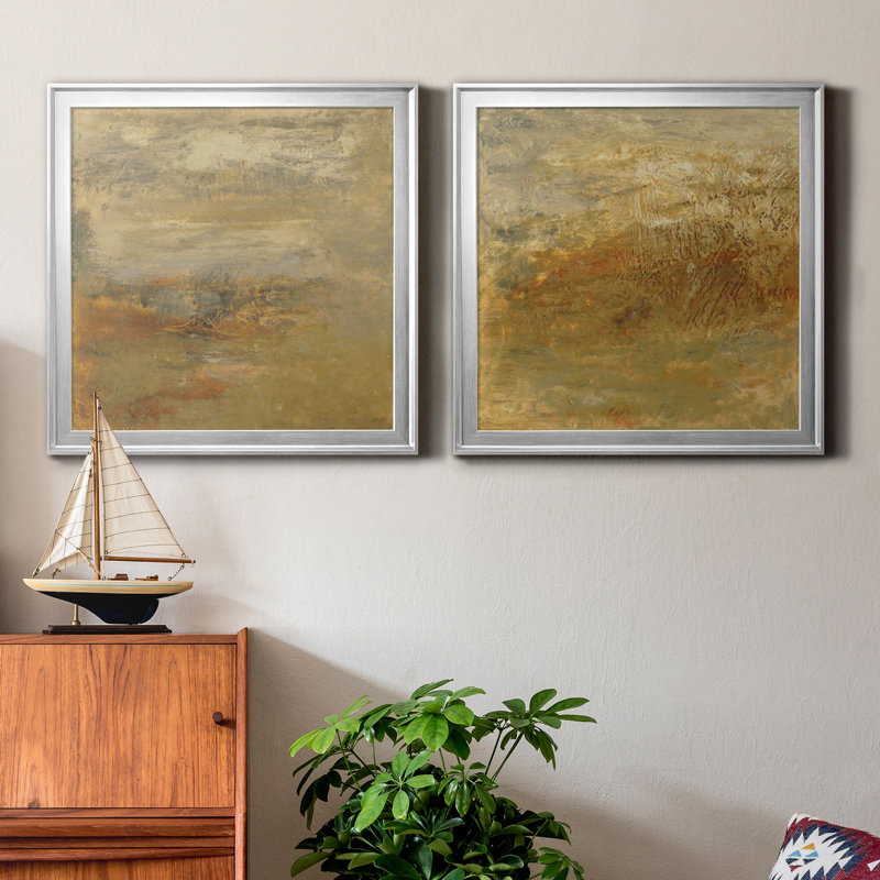 Ensemble de 2 cadres photo Encaustic Tile In Orange I, H 22,5 po x l 45 po x P 1,5 po, Toile encadrée argentée, Pas de tapis