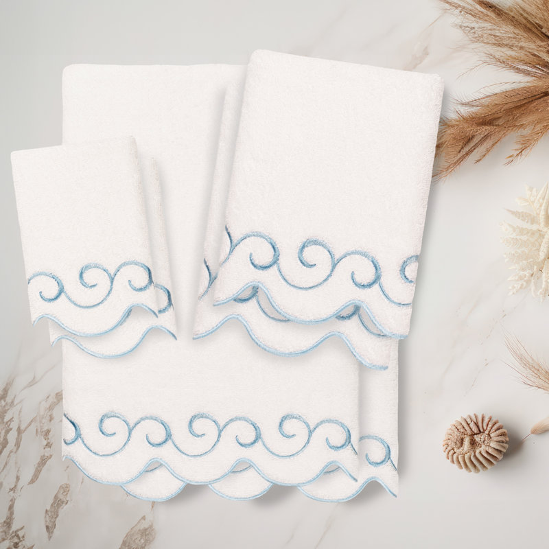  100% coton turc SIMPLICITY festonné ensemble de serviettes 6PC, Ensemble 6 serviettes de bain, Blanc / Bleu