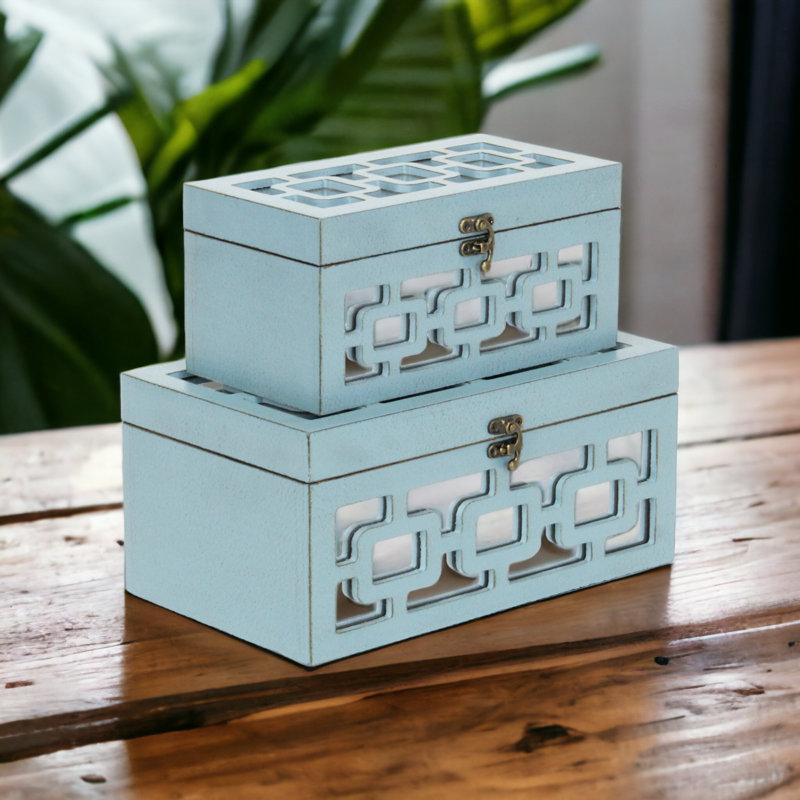 Ensemble de 2 boîtes en bois à miroir Tessera - bleu, Bleu-gris