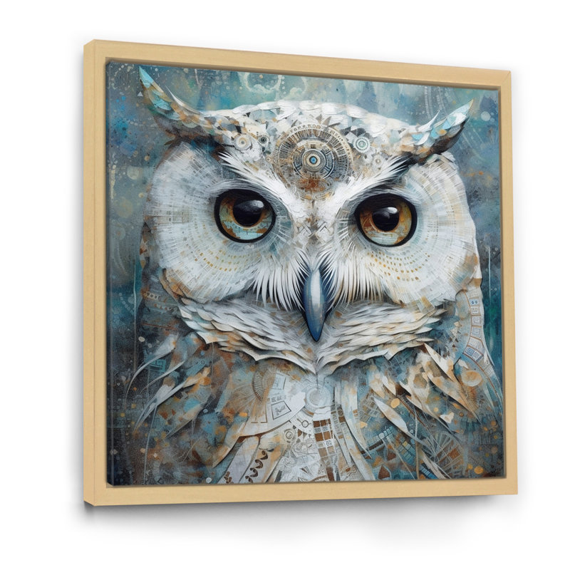 Portrait d'un hibou blanc tribal magique, H 24 po x l 24 po x P 1 po, Cadre naturel flottant