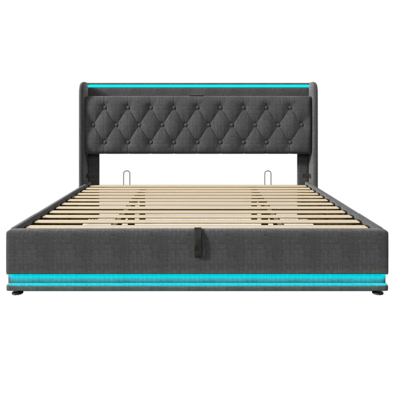 Twin size Upholstered bed, 360 surround LED function, Buttons/Apps/Remote Control, hydraulic storage bed with USB Type-C charging, Gray,Linen (Without mattress)