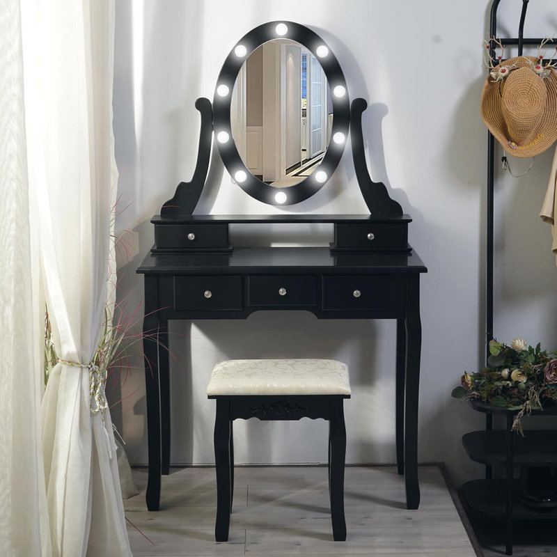 Modern Vanity Desk Set, Wooden Makeup Dressing Table with Illuminated Oval Mirror, Included Stool, 5-Drawer Storage, Complete Vanity Set with Mirror and Matching Seat,Black