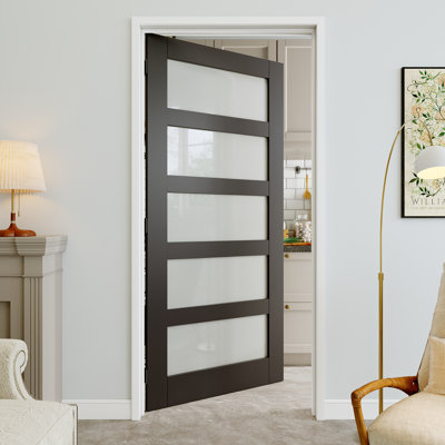 Porte pré-suspendue en verre givré noir 32 po x 80 po 5-Lite avec charnières noires, dalle de porte d'intimité en verre, insonorisant et imperméable, combinaison pour la lessive, portes de placard, portes de chambre, main gauche