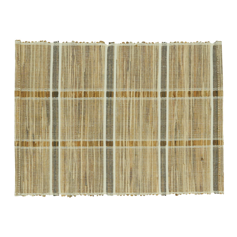 Natural Beige Striped Water Hyacinth and Polyester Rectangle Placemats, Set of 4