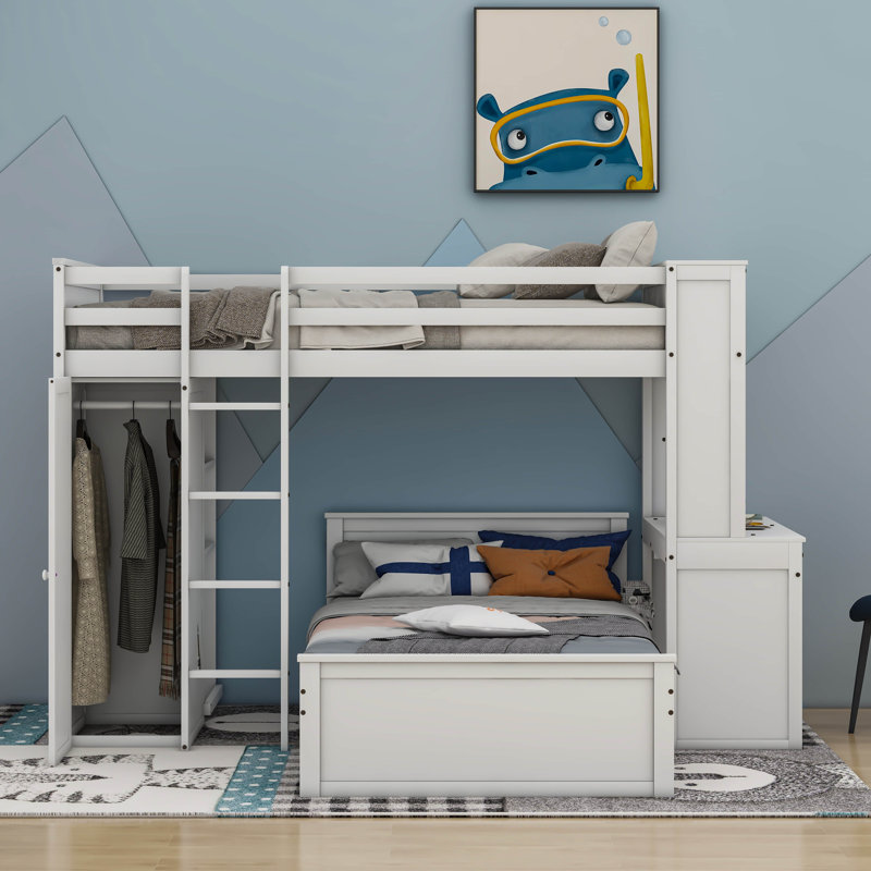 Rachele Loft Bed with a Stand-alone bed, Shelves,Desk,and Wardrobe, White